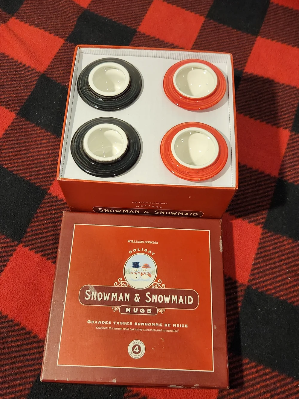 Williams Sonoma Holiday Snowman & Snowmaid Red Mug Set